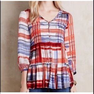 Maeve anthropologie Red and Blue Striped /plaid Blouse small rayon